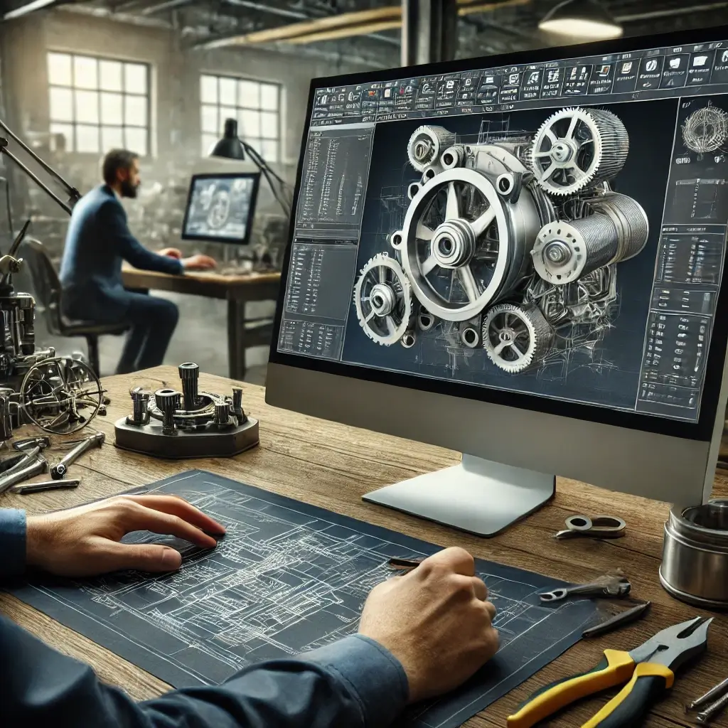 Engineer working on a machine component design in AutoCAD with precise measurements